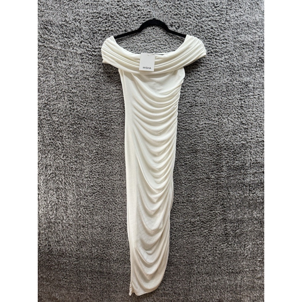 Misha Collection Keoni Off Shoulder Slinky Ruched Bodycon Midi Dress Ivory XS